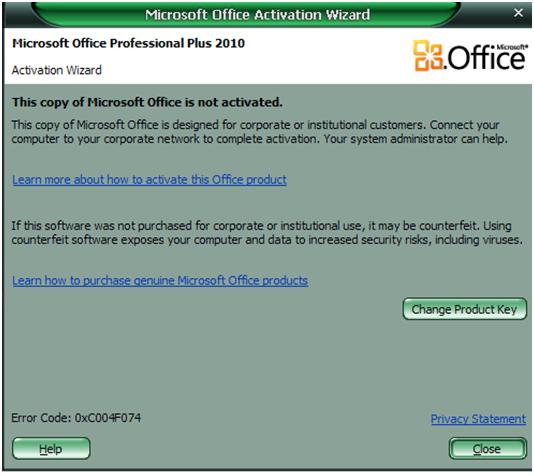 Office 2010 Activation 0xc004f074